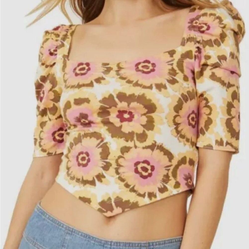 Free People Floral Crop Top Orange Pink Open Back Cotton Sz. Medium